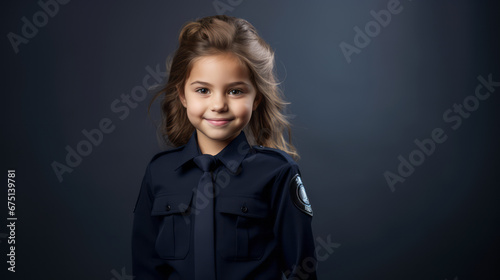A smiling kid girl in policewoman uniform costume. Concept of future job. Gray background copy space. Ai generative