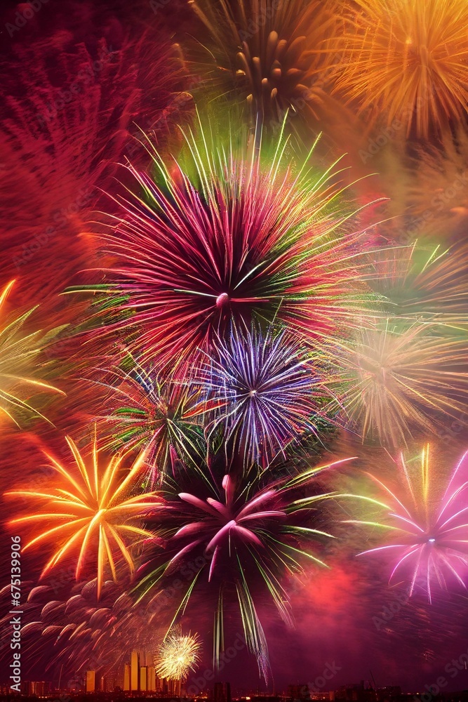 AI-generated illustration of bright colorful fireworks above the lake in New Year