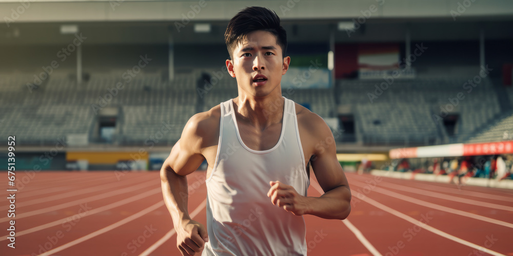 Asian guy athlete running on stadium. Healthcare and sport concept. Ai generative