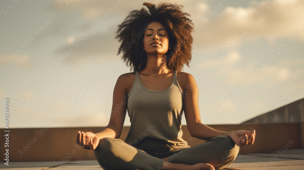 Black Woman with curly hair practicing yoga, meditating in lotus position. Ai generative. - obrazy, fototapety, plakaty 