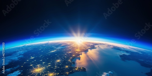 Panoramic view on planet Earth globe from space with rising sun. Glowing city lights, light clouds. Generative AI #675140310