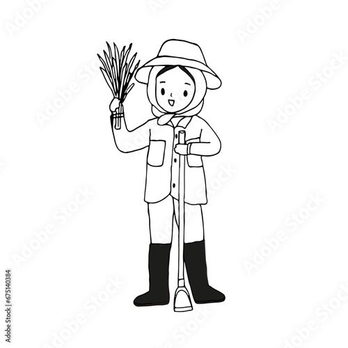 Thai farmer cartoon, outline drawing vector