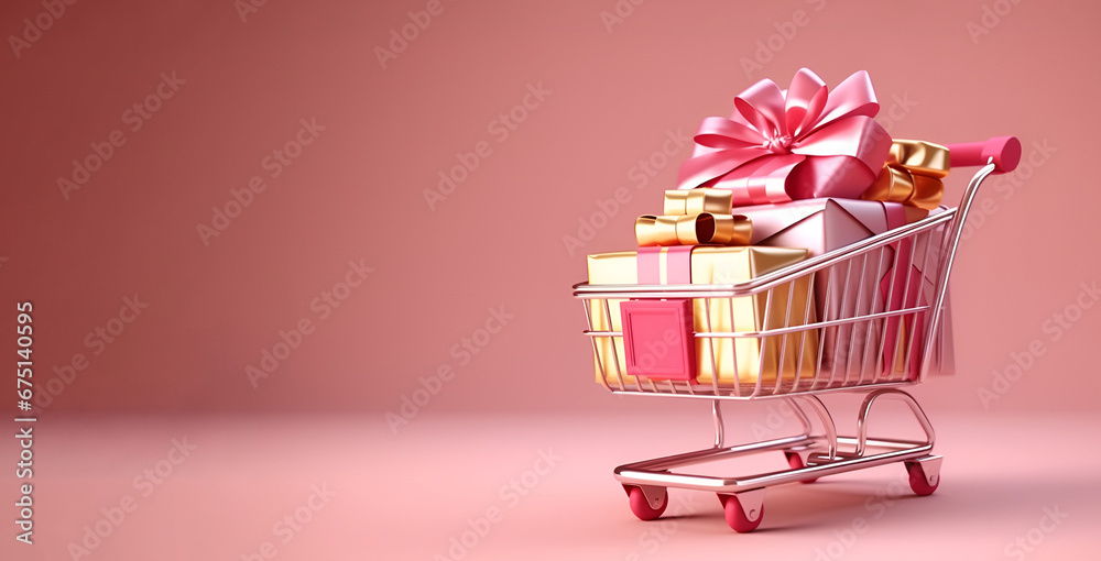 A shopping trolley carrying gifts against a pink backdrop