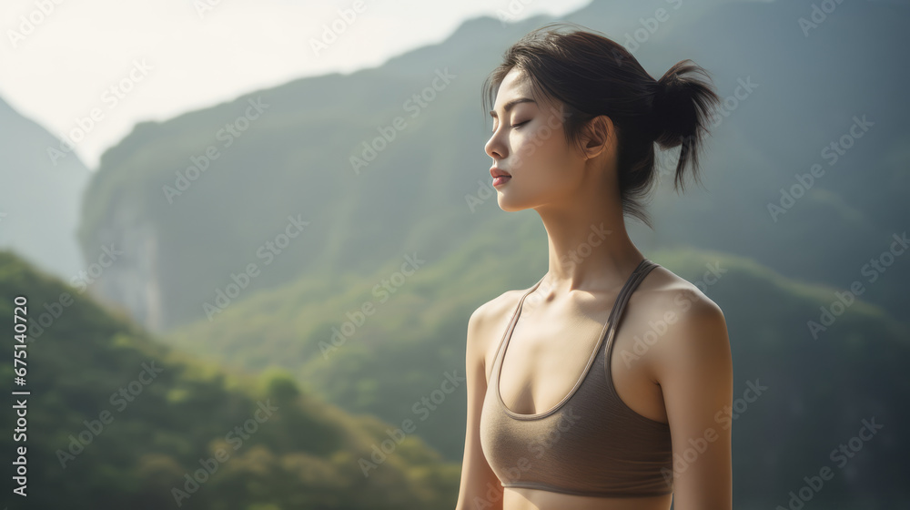 An Asian woman meditates with mountains view. Girl with closed eyes try to relax. Wears sport suit. Yoga and fitness concept. Day time. Ai generative.