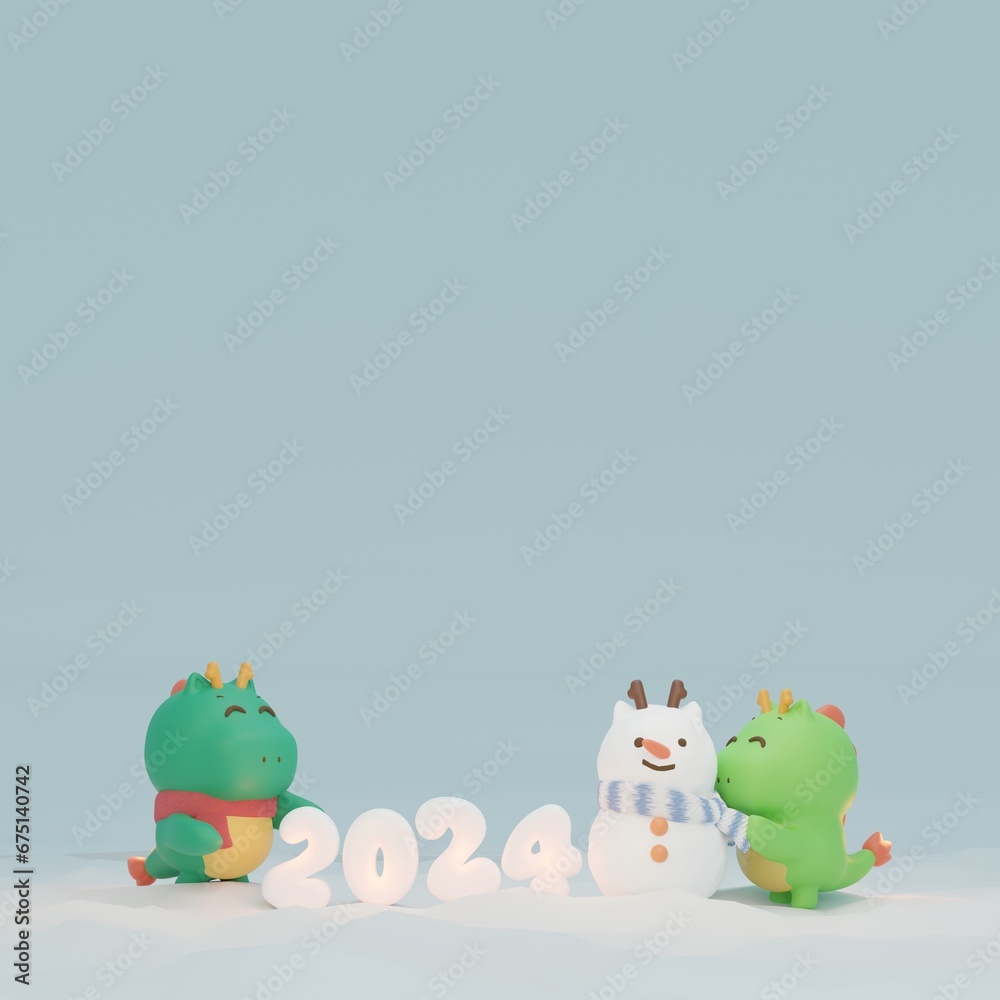 2024の文字と雪だるまを作っている小さな竜 2024の文字と雪だるまを作っている小さな竜