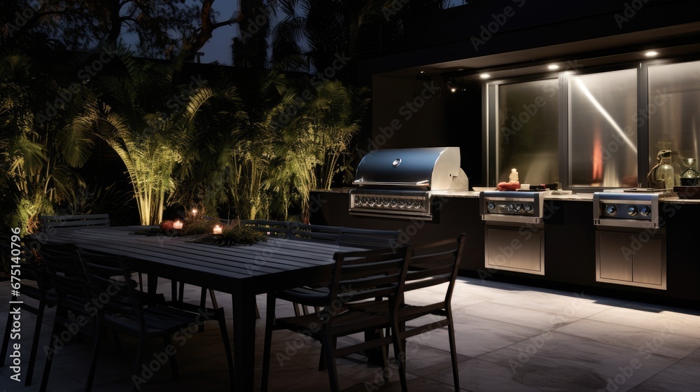 Outdoor kitchen with a stainless gas grill. Generative AI