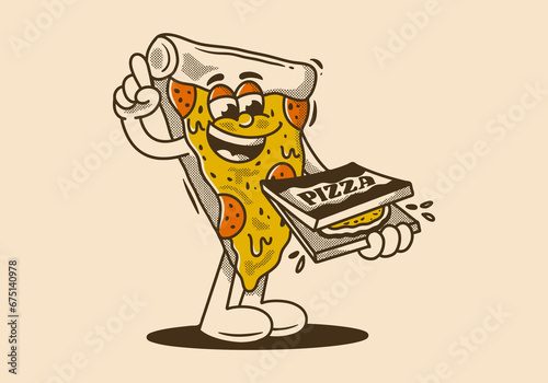 Character of pizza holding a box pizza