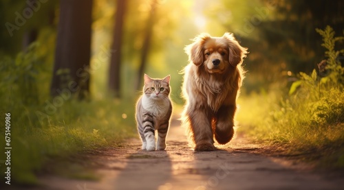Furry friends cat and dog walking. Generative AI