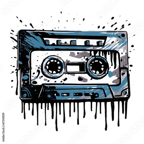 Retro black and white mixtape cartoon cell painting on transparent background