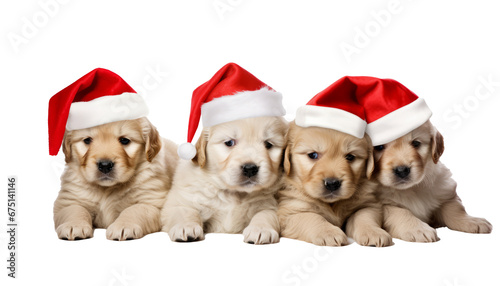 puppies wearing santa hat isolated on transparent background © JKLoma