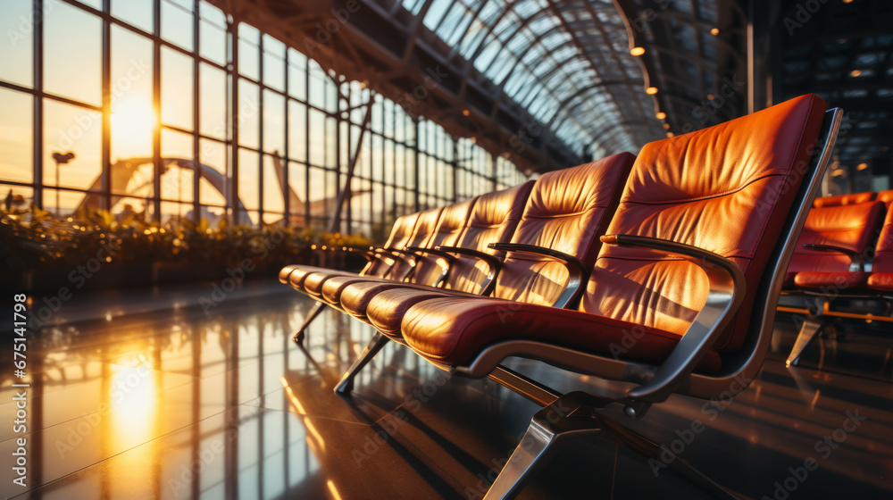 Empty chairs in the departure hall at airport with golden sunset rays. Travel, transportation concept. Generative AI Empty chairs in the departure hall at airport with golden sunset rays. Travel, transportation concept. Generative AI