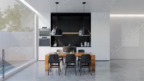 Minimal black and white kitchen animation with dining table. 3D illustration rendering