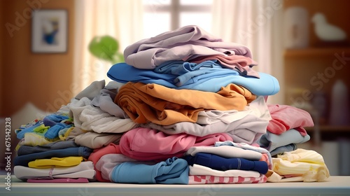 Stack of colorful shirts or old clothes on table