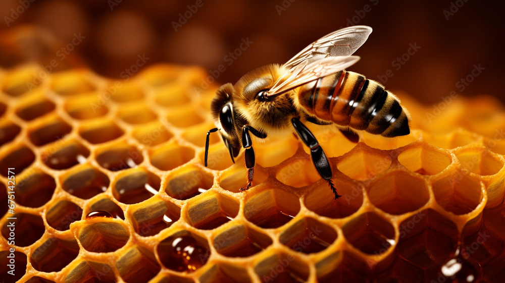 A bees on a honeycomb full of honey - obrazy, fototapety, plakaty 
