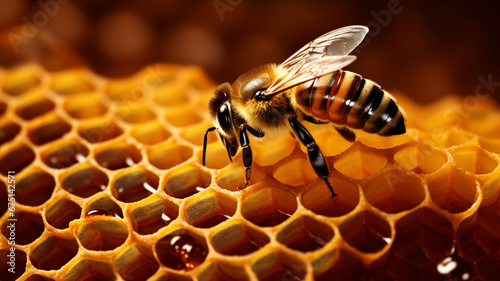 A bees on a honeycomb full of honey photo