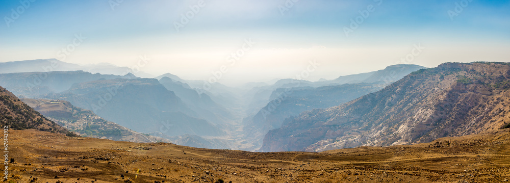 Panoramic view to Valley of Dana reserve - Jordan - obrazy, fototapety, plakaty 