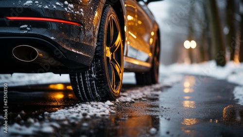 SNOW ON THE STREET. A CAR WITH WINTER TIRES.