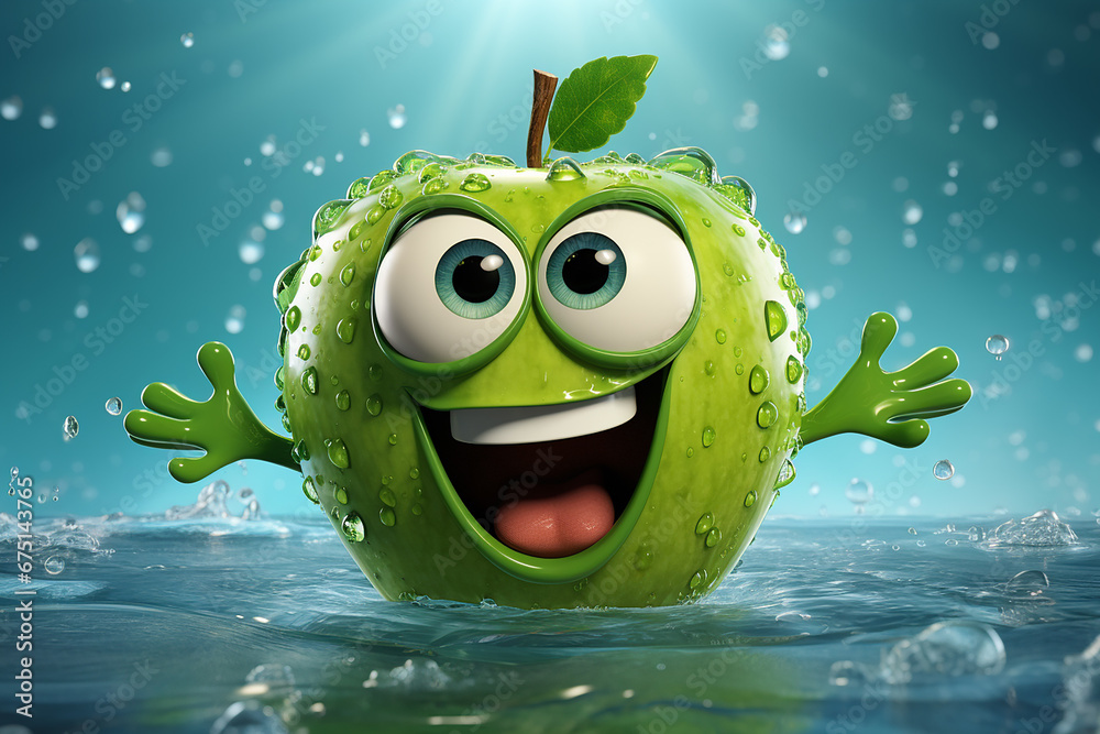 Generative AI Image of Green Apple Fruit Character Floating on Water with Happy Expression