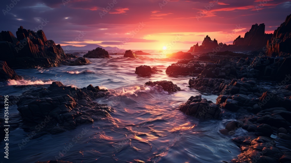 A serene coastal sunset with waves crashing against rocky shore.