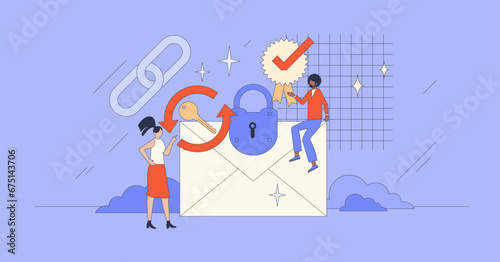Digital security as privacy with information safety retro tiny person concept. Text encryption with internet firewall or password protected messages vector illustration. Safe IT identity protection.
