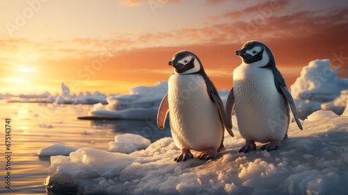Two penguins standing on a snowy rock, under a colorful sunset.