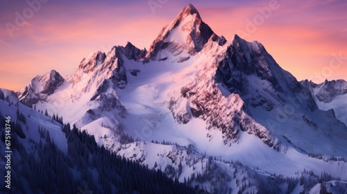  a mountain covered in snow at sunset with a pink sky in the back ground and trees in the foreground. generative ai