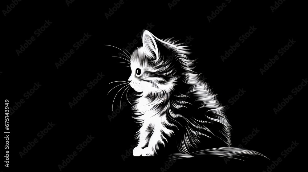  a black and white picture of a cat on a black background with a white outline of a cat on the right side of the image.  generative ai