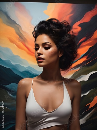 A minimalist, t-shirt design with a vintage twist, featuring a sleek and stylized unclad woman body silhouette against a faded, women body is painting about nature, awesome, bright.