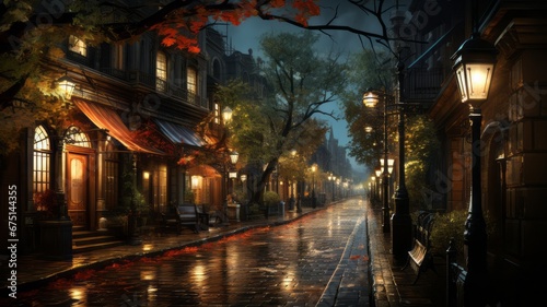 Quiet autumn street with wet leaves and beautiful reflections. © senadesign