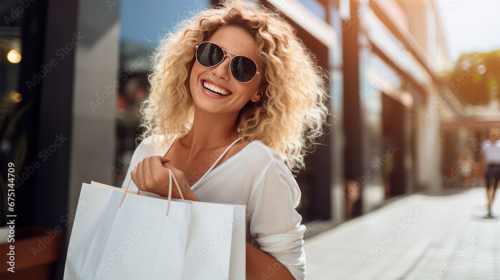 Woman excited about prices in department store,purchases with shopping point finger aside. Woman excited about prices in department store,purchases with shopping point finger aside.