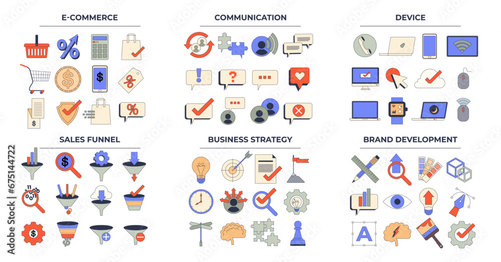 Digital marketing set with e-commerce sales retro style element collection. Communication, device, sales funnel, business strategy and brand development planning symbol groups vector illustration.