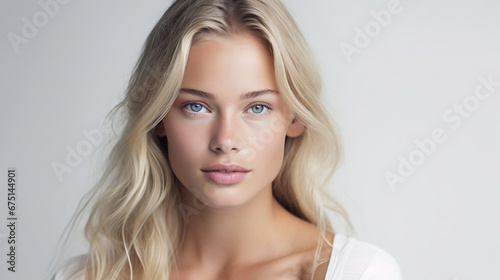 Young blonde woman with perfect smooth skin isolated over white background. Facebuilding. Concept of natural beauty, plastic surgery, cosmetology, cosmetics, skin care. Closeup portrait. Generative AI