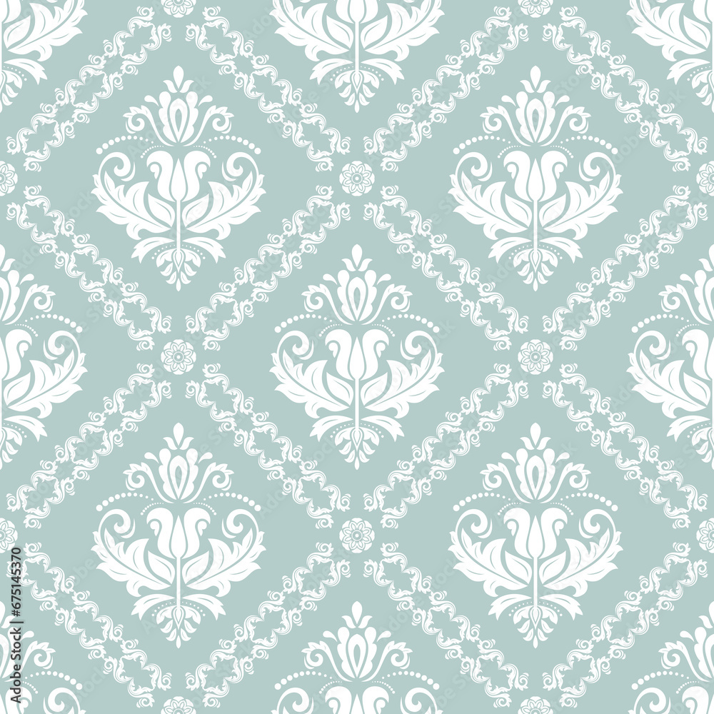 Classic seamless pattern. Damask orient ornament. Classic light blue and white vintage background. Orient pattern for fabric, wallpapers and packaging Classic seamless pattern. Damask orient ornament. Classic light blue and white vintage background. Orient pattern for fabric, wallpapers and packaging