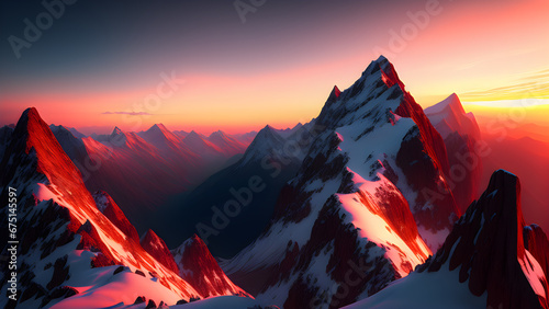 AI generated illustration of rocky mountains covered in snow at the sunset © Wirestock