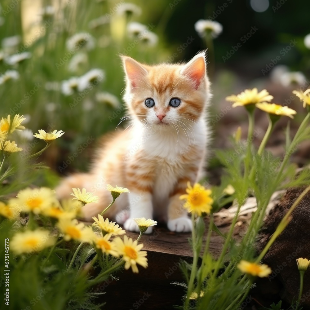 Cute cat  the background is flowers