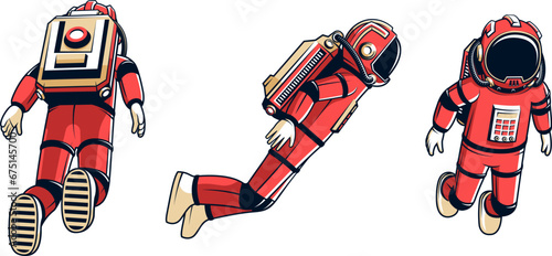 Flying astronaut in a spacesuit, rear, side, front view. Cosmonaut in outer space - vector illustration in comics style.