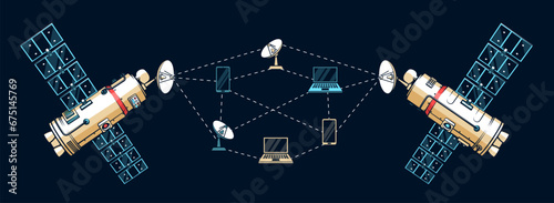 Communication satellites united in a network with various devices. Satellite connection. Vector illustration in comics style.