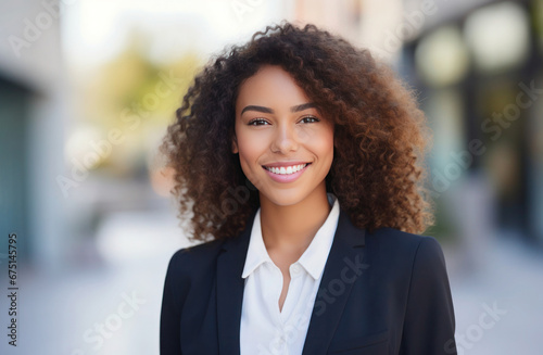Classy smiling young businesswoman in suit voluminous curly hair wearing on city street background