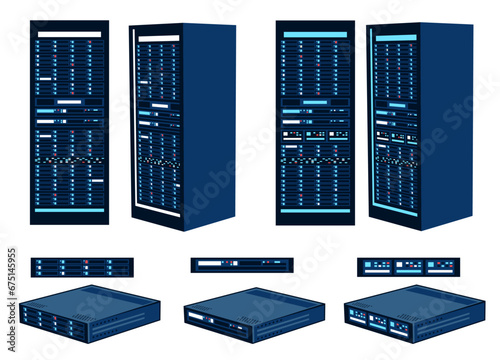 Server cabinets and racks. Separate servers of data centers. Set of vector illustrations.