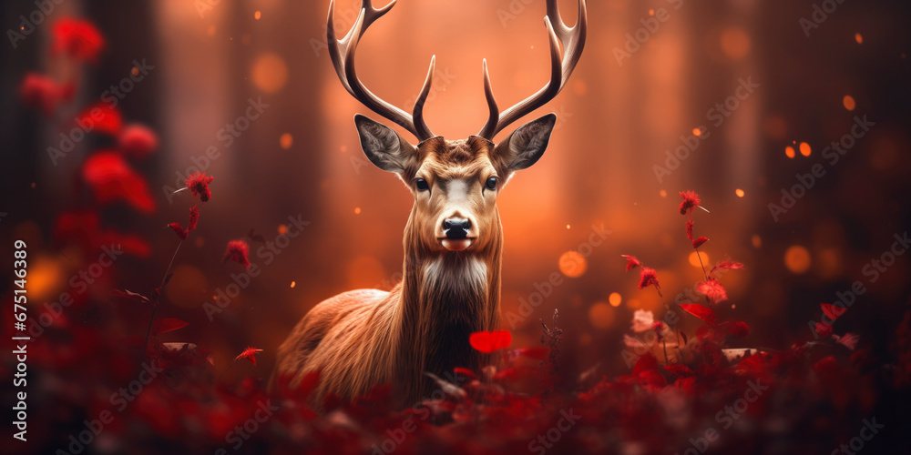 Noble deer in winter forest. Autumn scene with reindeer. Snowy winter christmas landscape Noble deer in winter forest. Autumn scene with reindeer. Snowy winter christmas landscape