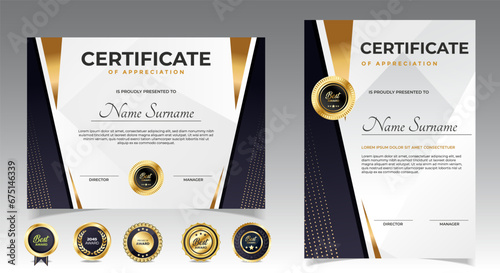 Black and gold certificate of appreciation border template with luxury badge and modern line and shapes. For award, business, and education needs. Diploma vector template	