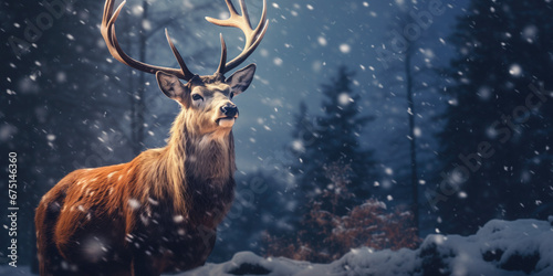 Noble deer in winter forest. Autumn scene with reindeer. Snowy winter christmas landscape