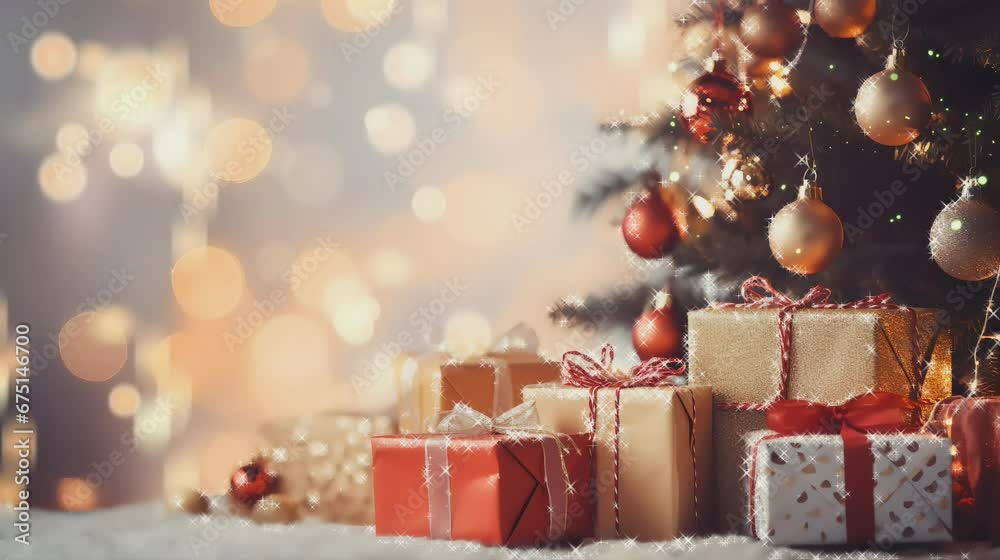 Decorated Christmas tree and gift boxes animated background