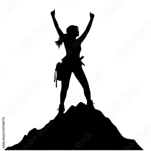 Woman celebrates success at the top of the mountain. Silhouette of a woman on top of the mountain black icon on white background