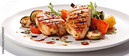 For dinner a healthy grilled chicken dish with a side of vegetables is plated on a white background showcasing the art of cooking and the appeal of nutritious cuisine