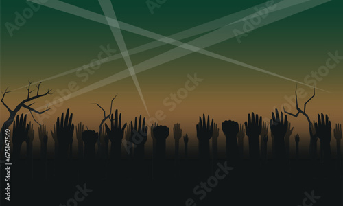 Black grunge zombie hands with dark background. Halloween party poster wallpaper