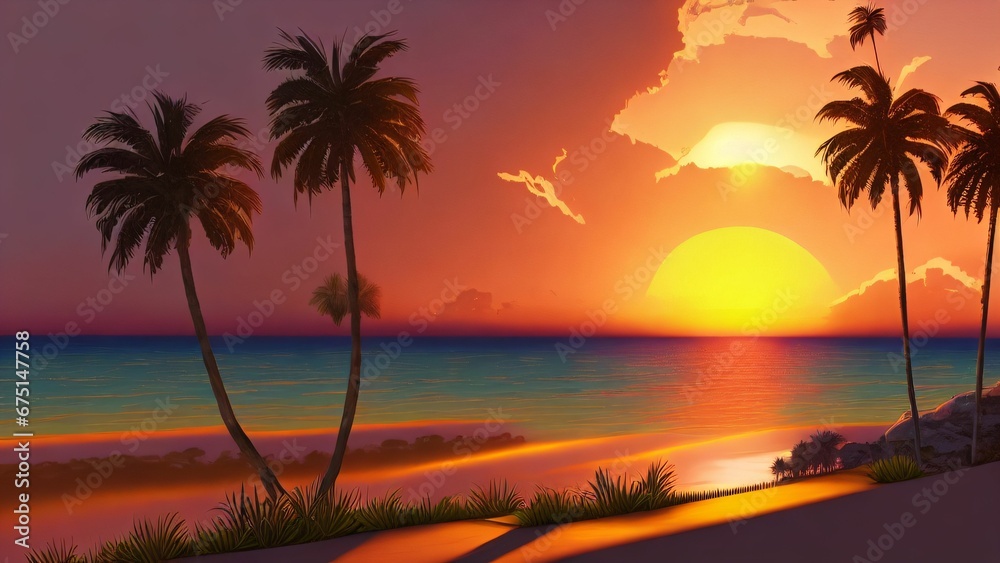 AI-generated illustration of an idyllic sandy beach with palms at sunset