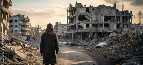 Solitary Figure Facing the Aftermath: Man Stands Alone Amidst a War-Ravaged City, View from Behind, Palestinian-Israeli Conflict.