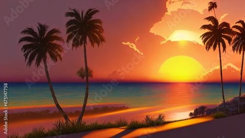 AI-generated illustration of an idyllic sandy beach with palms at sunset © Wirestock