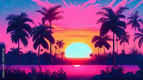 AI-generated illustration of a purple seascape with palms and a sunset